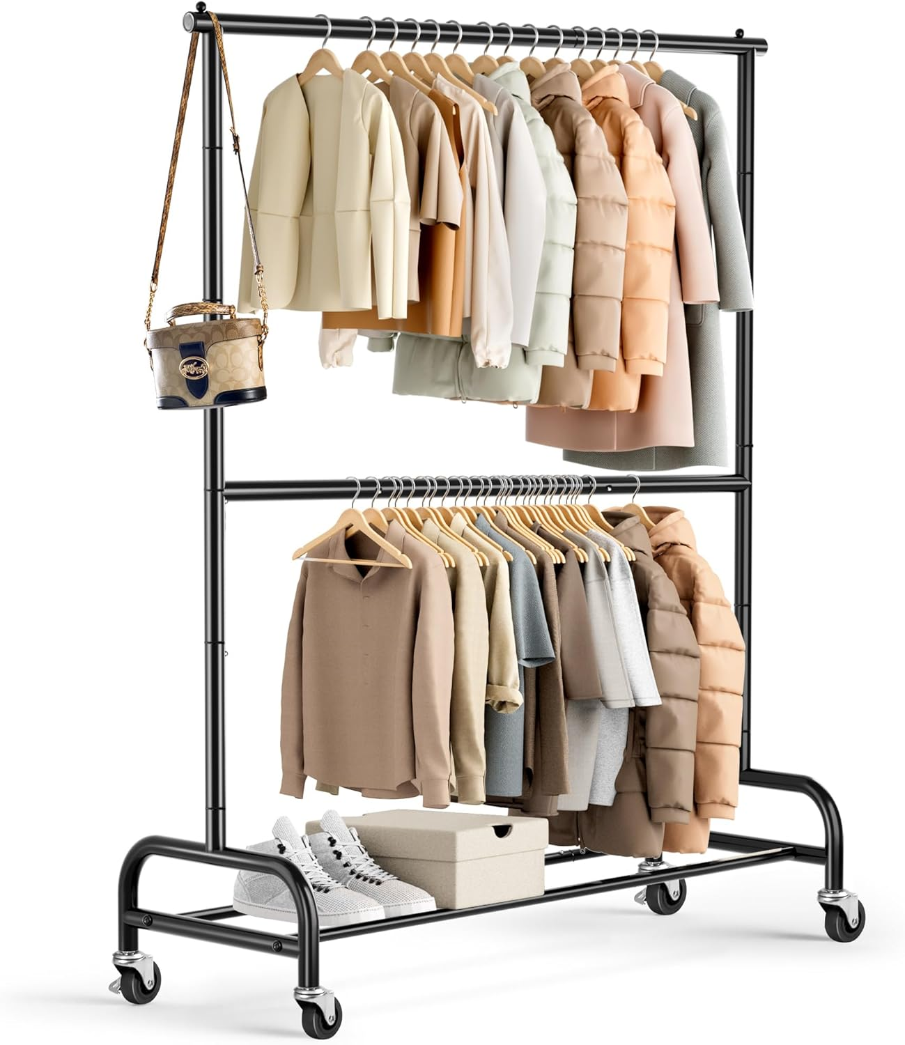 Heavy Duty Clothing Racks for Hanging Clothes Rack Double Rod Garment Rack Rolling